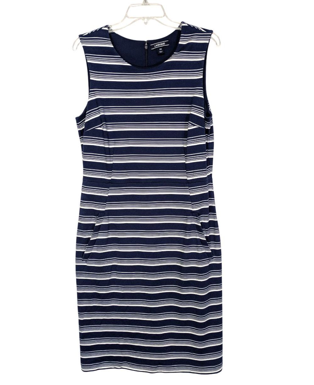 Lands End Womens Ponte Knit Sheath Dress Size 14 Sleeveless Blue White Stripe